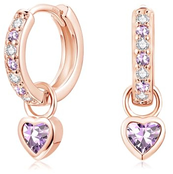 Lynizo Silver Hoop Earrings for Women, 925 Silver Heart Drop Earrings Girls | 12mm Small Hoops Earrings with Green Fuchsia Pink Purple Sapphire Zirconia, Hypoallergenic Sleeper Earrings, Jewelry for Kids