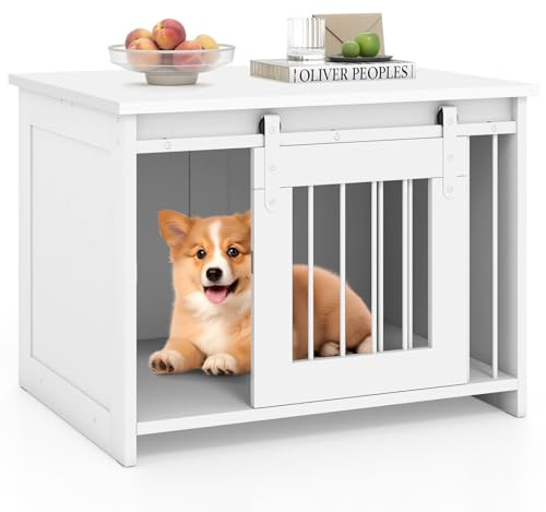 COSTWAY Dog Crate Furniture, Wooden Dogs Cage with Sliding Door & Chew-proof Metal Pipes, Indoor Puppy Kennel Pet House Side Table for Small Medium Dogs