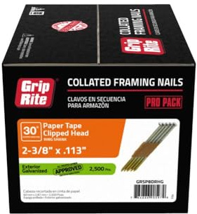 Grip-Rite GRSP8DRHG Clipped Head 2-3/8-inch by .113-inch by 30 Degree Paper Collated Ring Shank Hot-Dip Galvanized Framing Nail, 2,500 per Box