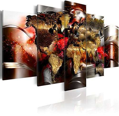 B&D XXL - Leinwand Bilder Weltkarte 200x100 cm Vlies Leinwandbild 5 tlg Kunstdruck modern Wandbilder Groß XXL Wanddekoration Design Wand Bild - Weltkarte Kontinente World Map Abstrakt silber