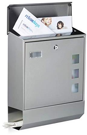 Relaxdays Briefkasten Edelstahl mit Zeitungsfach, Namensschild, Sichtfenster, HxBxT: 42 x 35 x 12,5 cm, Design, silber