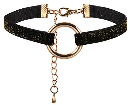 JewelryWe Schmuck Damen Choker Halskette mit O-Ring Anhänger Schwarz Stretch Samt Leder Velvet Gothic Halsband Sexy Kette Verstellbar Handarbeit