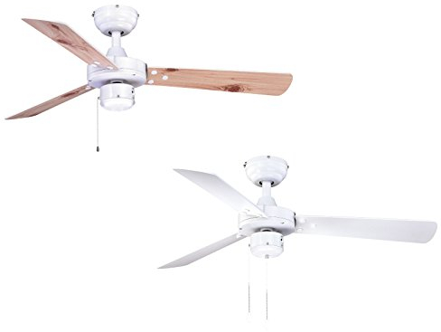 Deckenventilator Cyrus ohne Beleuchtung, mit Zugschalter, Gehäuse Weiß, Wendeflügel in Weiß und Kiefer, 107 cm