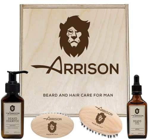☆ ARRISON® BEARD ☆ Man Beard Kit Made in Italy + Birkenholzkiste mit Shampoo und Bartöl + Buchenholzbürste und Wildschweinborsten - Geschenkidee