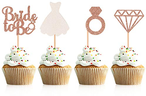 Donoter 48 Pcs Glitter Bride to be Cupcake Toppers Diamond Ring Wedding Dress Cupcake Picks for Wedding Engagement Bridal Shower Party Decorations