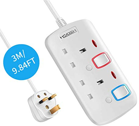 Mscien 3M Extension Lead, 2 Sockets Way Extension Cable, Double Socket Power Strips with Individual Switches Wall-Mountable 3Metre, 250V
