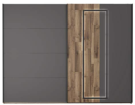 FORTE SIRIUS BLACK Schrank 270, Kleiderschrank mit LED Beleuchtung, Schwebetürenschrank groß Industrial Schlafzimmer Holzdekor: Stabeiche / Uni Wolfram Grau, 270 cm breit x 210.5 cm hoch x 61 cm tief