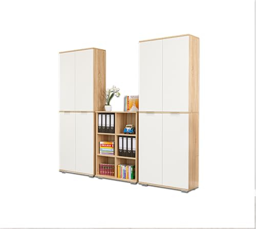 Regal - Aktenschrank Set - Kommode - [Multifunktional] - Bücherregal - Aufbewahrungsschrank - Regalset - Set 7 TLG. - Sonoma-Eiche/Weiß | Mehrzweckregal