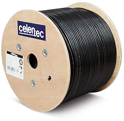 celertec CAT6 Outdoor Cable, 500ft, 23AWG Solid Bare Copper, Unshielded Twisted Pair (UTP), UV Resistant, Weatherproof, CMX, ETL Listed, 550MHz, Bulk Ethernet Cable, Wooden Spool- Black