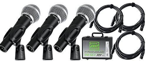 Pronomic DM-58-C Vocal Mikrofon 3er Set mit Kabel - 3 dynamische Mikrofone mit Nieren-Charakteristik - Elastisch gelagerte Kapsel - Ein-/Aus-Schalter - 3 XLR-Kabel à 5m Länge - Koffer - Schwarz