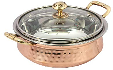 PARIJAT HANDICRAFT Pack of 1 Indian hammered copper stainless steel serving bowl for food soup with handle and glass lid decorative seveware Size- 6 Inch