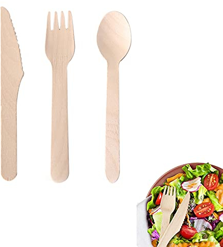 300 Piezas Cubiertos de Madera Desechables, Cubiertos de Madera Ecológicos, Cubiertos de Madera, 100% Natural, Compostable, Biodegradables, para Picnic, Fiesta(100 x Cada Tenedor, Cuchara, Cuchillo)