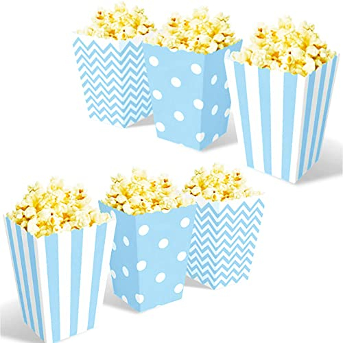 OUOQI Popcorntüten,36 Stück Popcorn Box,Candy Bar TüTen,Snackbox Pappe,Party Papiertüten Streifen Tupfen Wellenförmige Muster für Party Geburtstag Hochzeit Geschenk (Blau)