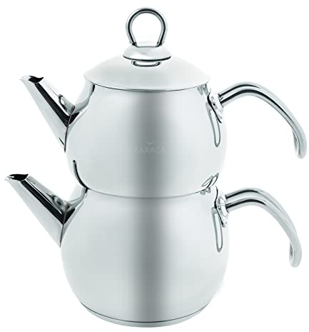 Karaca Belinay Teapot Set, Medium,18/10 Stainless Steel, Turkish Tea Set, Tea Maker, Teapot & Lid (1L 2.2lb) Tea Kettle (1.6L 3.5lb), Tea Sieve, Turkish Tea Maker, Double Teapots, Durable, Silver