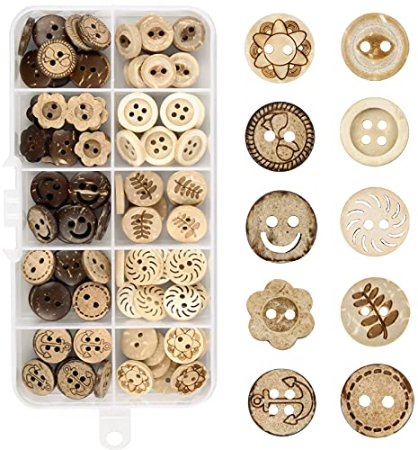 100 Stück Holzknöpfe, Natur Holzknöpfe, Handmade Runde Knopf, KinderKnöpfe 2/4 Löcher Holzknöpfe, 13mm Kleine Runde Knopf, Basteln Knöpfe, 10 Muster Runde Knöpfe Wooden Buttons zum Nähen Dekorationen