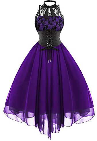 Kinstell Robe corset gothique sans manches en dentelle florale vintage, robe cocktail formelle style Halloween punk hippie pour femme