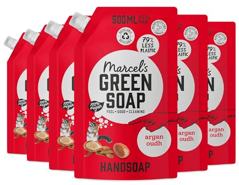 Marcel's Green Soap - Handseife Nachfüllpack Argan & Oudh - Flüssigseife Spender Nachfüllpack - 100% Umweltfreundlich - 100% Vegan - 97% Biologisch abbaubar - 6er-Pack - 500 ml