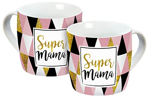 Tasse Super Mama Muster 300ml, 14892, Porzellantasse, Porzellan, Weiß/Schwarz/Rosa/Gold