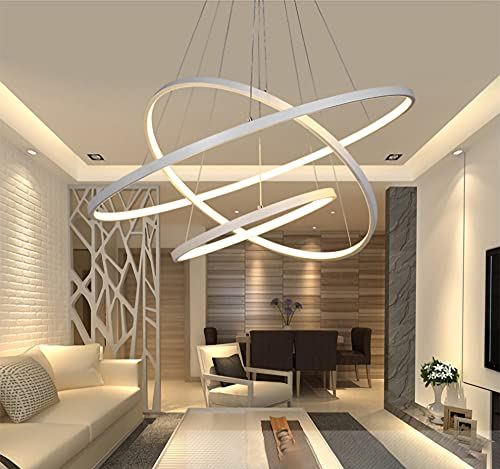 ANZHUANG 115W Pendelleuchte Kronleuchter Wohnzimmer Dimmbar mit Fernbedienung LED Modern Kreativ Pendellampe Ring Rund Weiss Aluminium Acryl Deckenleuchte Esszimmer Hängelampe.