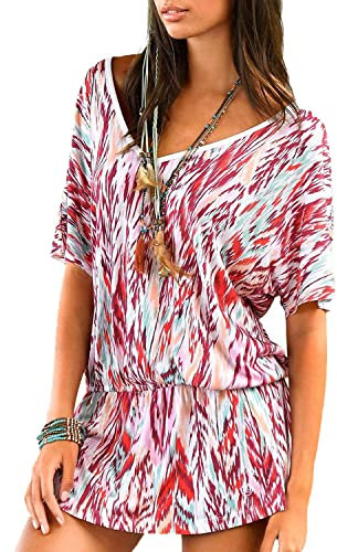 JFAN Copricostume Donna Mare Mini Vestito Stampato Elastico in Vita Vestiti Estivi Corti Bikini Cover Up da Spiaggia Rosa S