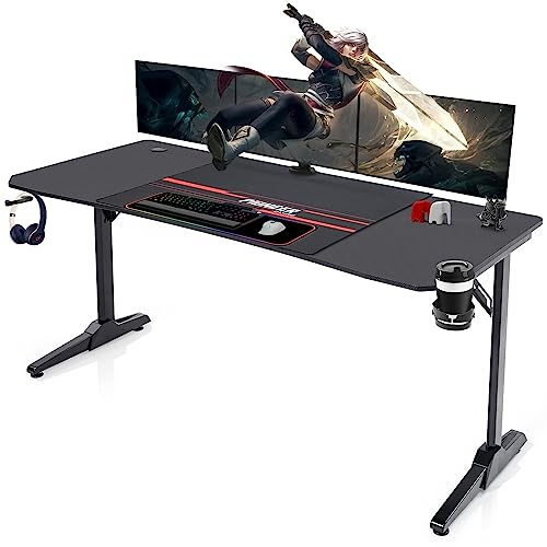 Devoko Bureau Gaming 160 x 60cm, Grande Surface de Table Gaming Ergonomique,Stable Bureau Gamer en Forme de T avec Rangement pour Câbles, Crochet pour Casque, Porte-Gobelet et Tapis de Souris