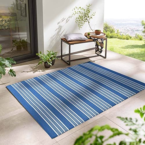 Outdoor Kurzflor Teppich Santa Monica wetterfest, wasserfest, rechteckig, Höhe: 3 mm, Balkon Garten Terrasse Camping Wintergarten dunkelblau gestreift 160x230 cm
