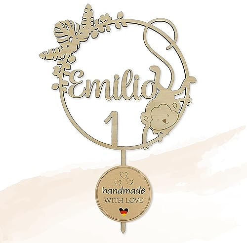 Birdart Box® Wild One Tortenstecker – Tortenstecker zum Geburtstag aus umweltfreundlichem Holz, personalisierter Cake Topper 15cm Durchmesser (mit Namen, Holz Natur)