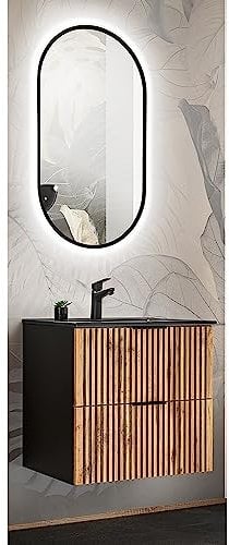 Lomadox Badmöbel Set 2-teilig Gäste WC Waschplatz Waschtisch 61 cm Unterschrank mit Keramik Waschbecken schwarz LED Spiegel anthrazit mit Eiche Nb. schwarz gerillt