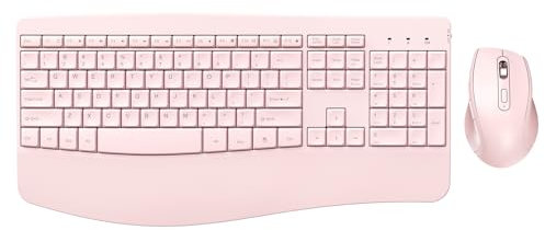 Clavier et souris sans fil – Clavier et souris ergonomiques sans fil pleine taille avec repose-poignet pour ordinateurs Windows, ordinateurs portables – Rose