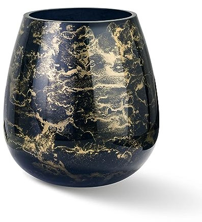 Terroso – Vase – Mundgeblasenes schwarzes Glas – Luxuriöses Erscheinungsbild, Stilvoll & Elegant - 21 cm hoch - Marmoroptik – Blumenvase