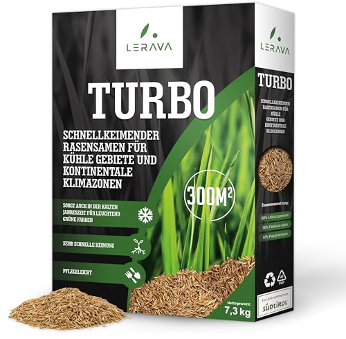 LERAVA TURBO Semillas de césped de germinación rápida para zonas frescas y climas continentales - garantiza colores verdes brillantes - con césped de crecimiento rápido - 300m²