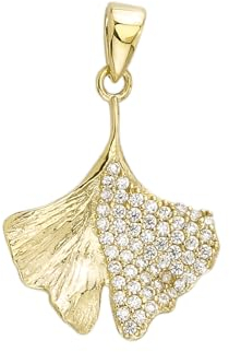 JC Trauringe Gold Anhänger Ginkgo Blatt in Echt 585 Gold klassische, schlichte Goldanhänger Goldschmuck Damen Schmuck mit Zirkonia Steine in Gelbgold Kettenanhänger inkl. Schmucketui 8600