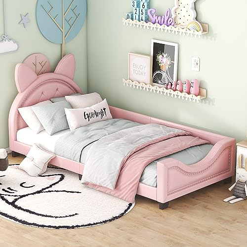 Einzelbett 90x200cm, Rosa Kinderbett mit Katzen Ohren Form, Holz Bett mit Lattenroste und Rückenlehne für Kinder (Rosa)