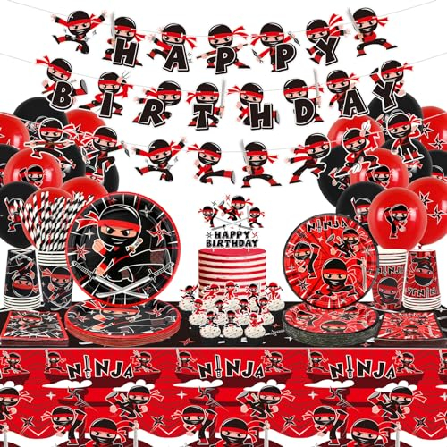Ninja Geburtstag Party Dekoration, Ninja Happy Birthday Banner, Geschirr, Tischdecke und Luftballons, Karate Party Ninja Warrior Master Party Supplies für Jungen Mädchen, serviert 20