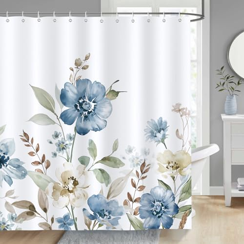 Bonhause Duschvorhang Blau Aquarell Blume Blätter Pflanzen Duschvorhänge 180 x 180 cm cm Anti-Schimmel Wasserdicht Polyester Stoff Waschbar Bad Vorhäng für Badzimmer mit 12 Haken