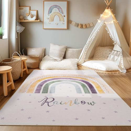 HomebyHome Kurzflor Kinderteppich für Jungen und Mädchen 100 x 150 cm Creme Regenbogen Design - Waschbarer Teppich Extra Weich und Antiallergen - Teppich für Kinderzimmer, Babyzimmer und Spielzimmer