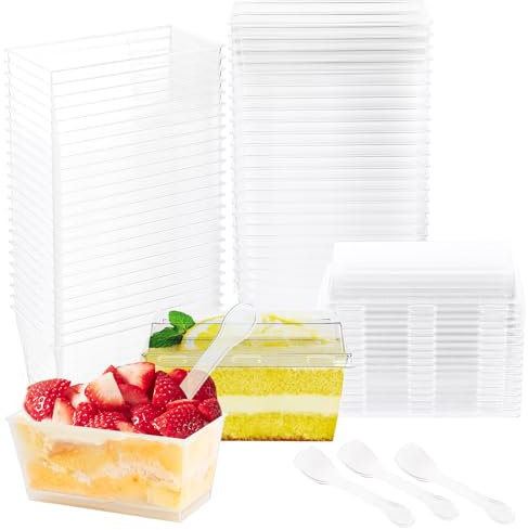 Mispudin 50 Piezas Tazas de Postre, 160ml Vasos de Postre de Plástico Reutilizables con Tapa y Cucharas, Vasitos Aperitivos Transparente Reutilizables, Vasitos para Postres para Pudín, Mousse, Helado