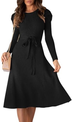 IBAKOM Women's Fall Sweater Dress Winter Snug Fit Knitted Long Sleeve Belted Ruffle Midi Dress A-Line Casual Dresses Black M
