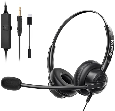 Arama Headset Handy mit Mikrofon Noise Cancelling, PC Kopfhörer 3,5mm Klinke für Fritzfon c6 c5 iPhone Samsung Laptop Tablet Computer Business Call Center Home Office Skype Zoom Meetings, Klar Chat