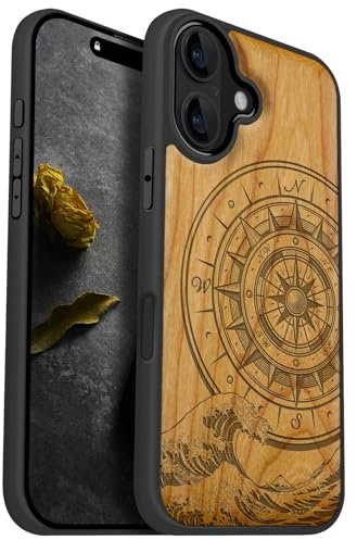 Carveit Holz Cover für iPhone 16 hülle, Handyhülle kompatibel MagSafe Silikon Stoßfeste Case, Magnetisch Hull für Apple 16 Handyhulle(Kirschholz-Der Kompass vor Kanagawa Waves)