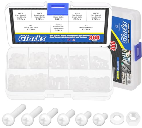 Glarks 360pcs M3 x 4/5/6/8/10/12MM Nylon Phillips Pan Head Schrauben Mutter Unterlegungs-Kit, weiße Nylon Phillips Kreuz Runde Kopf Maschinenschraube