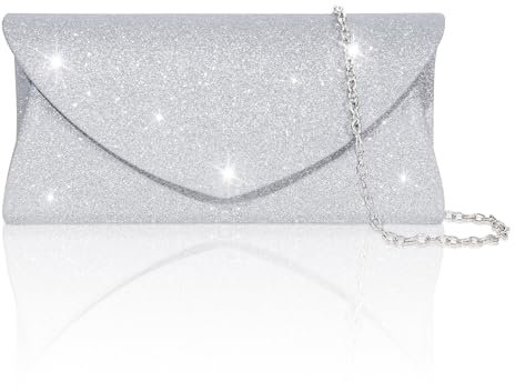 Toptime Clutch Silber, Glitzer Abendtasche Damen mit Abnehmbare Kette, Elegante Envelope Silberne Handtasche für Frauen, Pailletten Umhängetasche Damen Klein für Hochzeit, Bankett, Dating, Party