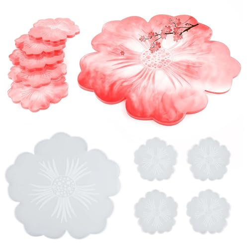 Silicone Resin Moulds Set – 1 Large Tray and 5 Flower Coaster Moulds for DIY Resin Crafting, Home Decoration, and Custom Table Trays – Ideal for Crafters and Hobbyists