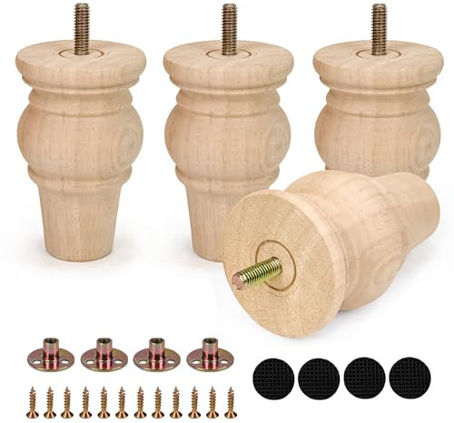 10cm Wooden Furniture Legs with Mounting Plates Screws Set of 4 Solid Wood Unfinished Round Replacement Furniture Feet for Couch Cabinet Sofa Ottoman TV Stand Home DIY Projects