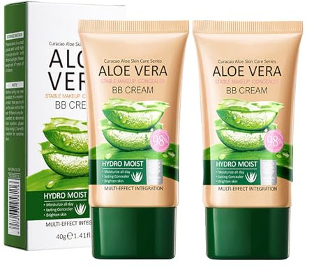 Aloe Vera BB Cream Foundation, Stable Makeup Concealer, Aloe Vera Foundation, Feuchtigkeitsspendende, Feuchtigkeitscreme, Kaschiert Rötungen und Augenringe, verwischt Poren, wasserdicht (2PC, 40ml)