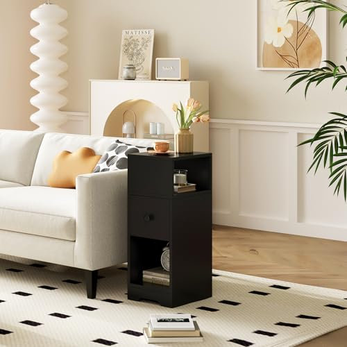 Moziel Nachttisch Schmal mit Schublade, Offenes Fach, Ablagetisch Nachtkommode Nachtschrank Beistelltisch für Schlafzimmer, Wohnzimmer Schwarz 65 x 25 x 29,5 cm (HxBxT)