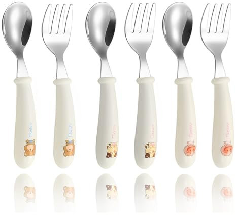 JEYORZY 6 Pezzi di Posate in Acciaio Inossidabile e Silicone per Bambini e Neonati, Posate Bambini, Cucchiai e Forchette Posate per Bambini BPA Free con Manico in Silicone Anti-Soffocamento