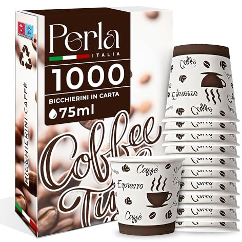 Perla - 1000 Bicchierini Caffe Carta 75ml - Bicchieri Caffè Monouso Biodegradabili - Bicchierini da Caffè Usa e Getta Ecosostenibili per Bevande Calde