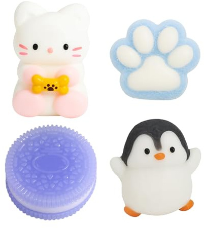 SSKHE Taba Squishy Set mit 4 Stück – Kekse violett + Blaue Katzenpfote + schwarzer und weißer Pinguin + weißes Kätzchen | Anti-Stress-Spielzeug zum Stressabbau