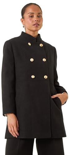 Roman Petite Military Buttoned Coat For Women UK - Ladies Everyday Autumn Winter Stand Collar Comfy Soft Evening Vacation Work Party Night Out - Petite Black - Size 16